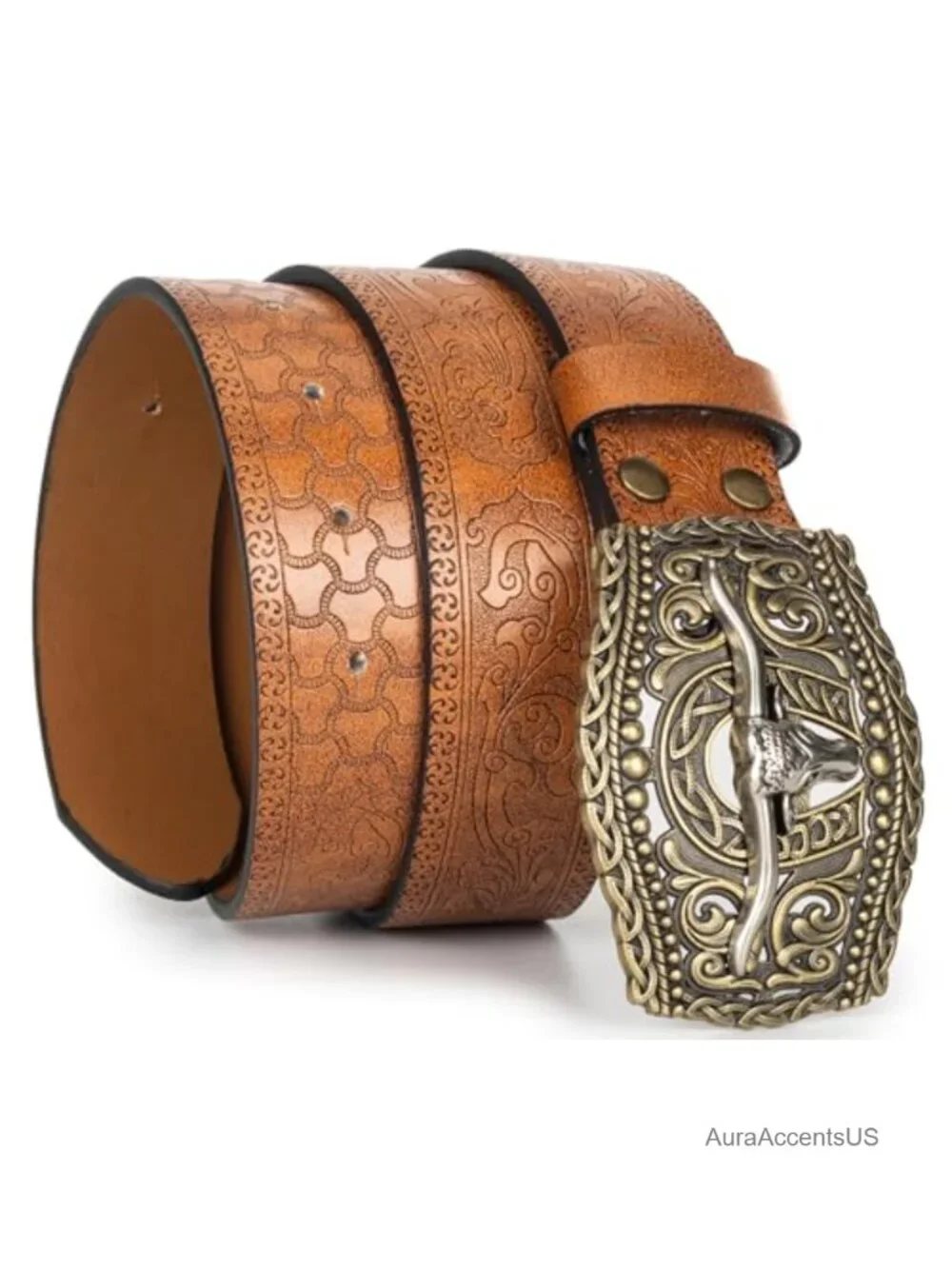 Western PU-Leather Cowboy Buckle Belt with Engraved Floral Longhorn Bull Buckle